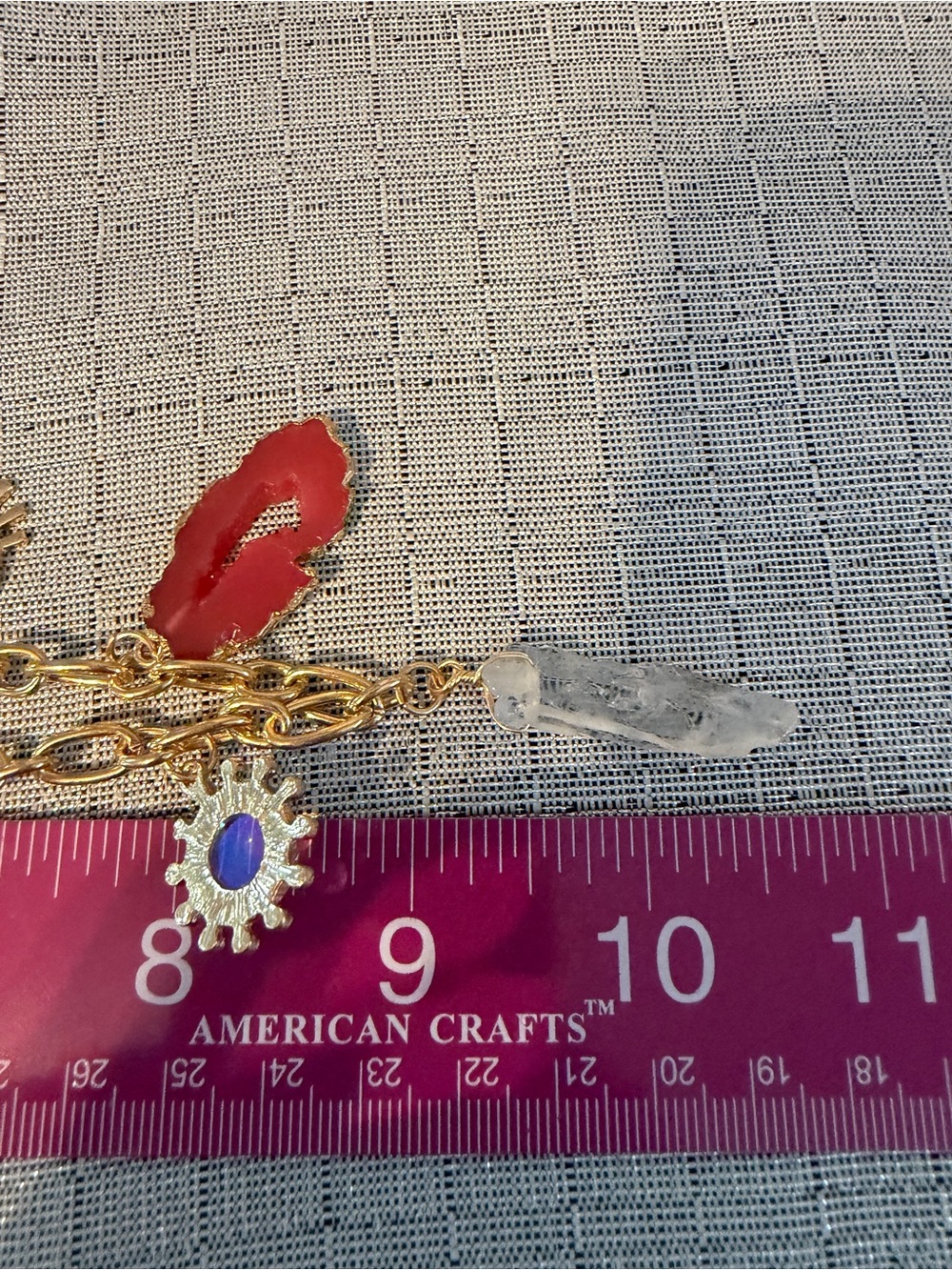 J Crew Gold-Tone Charm Necklace with Red Agate and Blue Crystal Charms - Picture 4 of 5